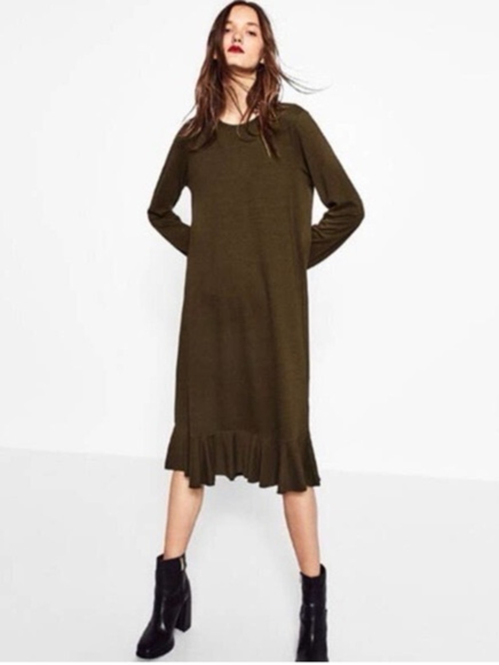 Zara Trafaluc Medium Brown Long Sleeve Midi Dress Ruffle Hem Minimalist Y2K